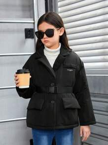 SHEIN Tween Girl Letter Patched Detail Drop Shoulder Belted Padded Coat