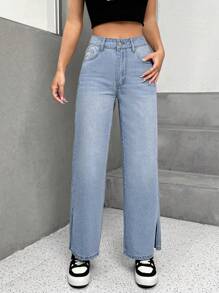 SHEIN PETITE 開衩下擺直筒牛仔褲 - 淺色水洗藍 - 查看 3