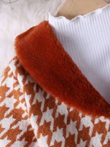 SHEIN Young Girl 1pc Houndstooth Print Borg Collar Belted Overcoat