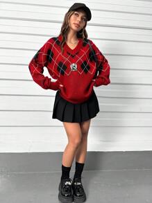 SHEIN Qutie Họa tiết Argyle Thả vai Áo len - Màu Đỏ Sâu - Xem 4