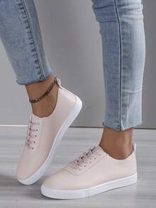 女性休閒平底滑板鞋帶防滑鞋底 - 粉色 - 查看 3