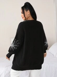 Flirla Plus Size Women's Casual Loose Mid-Length Sweater, Halloween Spider Embroidery Design, Lantern Sleeve, Solid Color Cardigan Fall Winter Cloth For Women Autumn