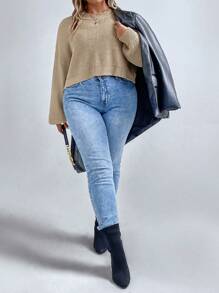 SHEIN LUNE Suéter de punto acanalado con hombros caídos talla grande, suéter de punto de invierno, suéter de otoño - Caqui - Ver 5