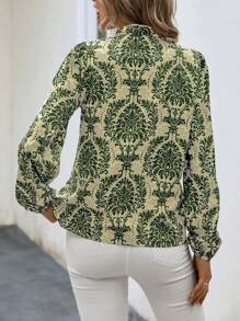 SHEIN VCAY Allover Print Lantern Sleeve Blouse - Green - View 2