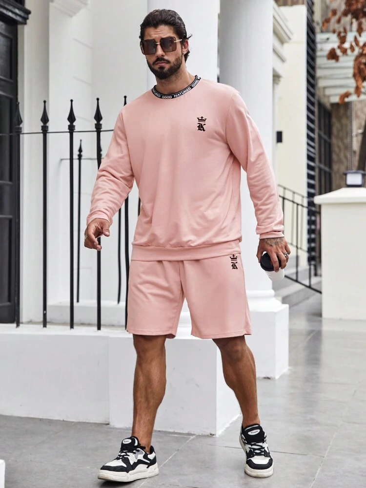Men Plus Letter Graphic Sweatshirt & Drawstring Waist Shorts