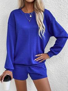 SHEIN LUNE Shorts con sudadera unicolor de hombros caídos - Azul - Ver 1