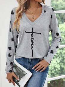 SHEIN LUNE 愛心和字母圖案插肩袖T恤 - 淺灰色 - 查看 1