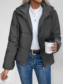 Chiquease Zip Up Drawstring Hooded Padded Padded Coat Clothes Winter - Dark Grey - View 6