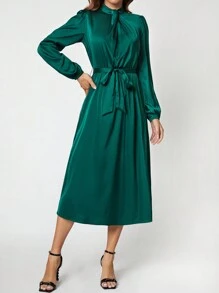 SHEIN Clasi Đầm thắt lưng cổ tay đèn lồng - màu xanh lá - Xem 5