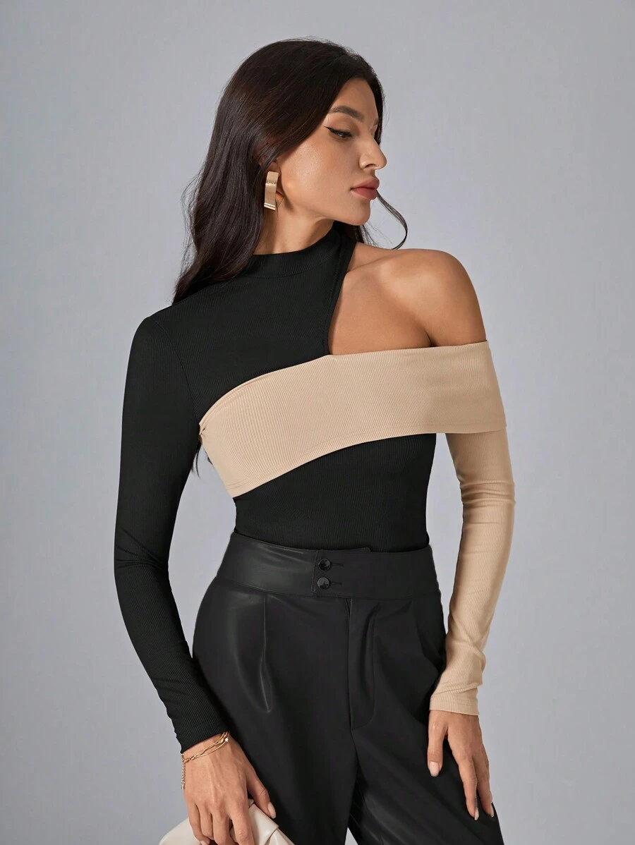 Firerie Camiseta de color combinado de cuello asimétrico - Negro - Ver 1