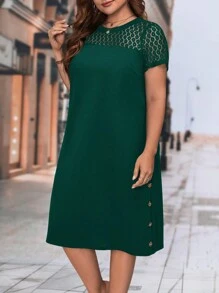 SHEIN Clasi Plus Contrast Lace Button Detail Dress - Dark Green - View 4
