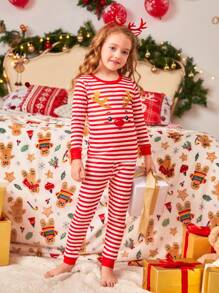 少女條紋麋鹿印花聖誕家居服,姐妹配對緊身睡衣套裝 - 彩色 - 查看 4