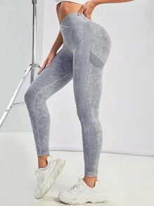 SHEIN Sports Thắt lưng băng rộng Quần Xà cạp thể thao - Màu Xám nhạt - Xem 3