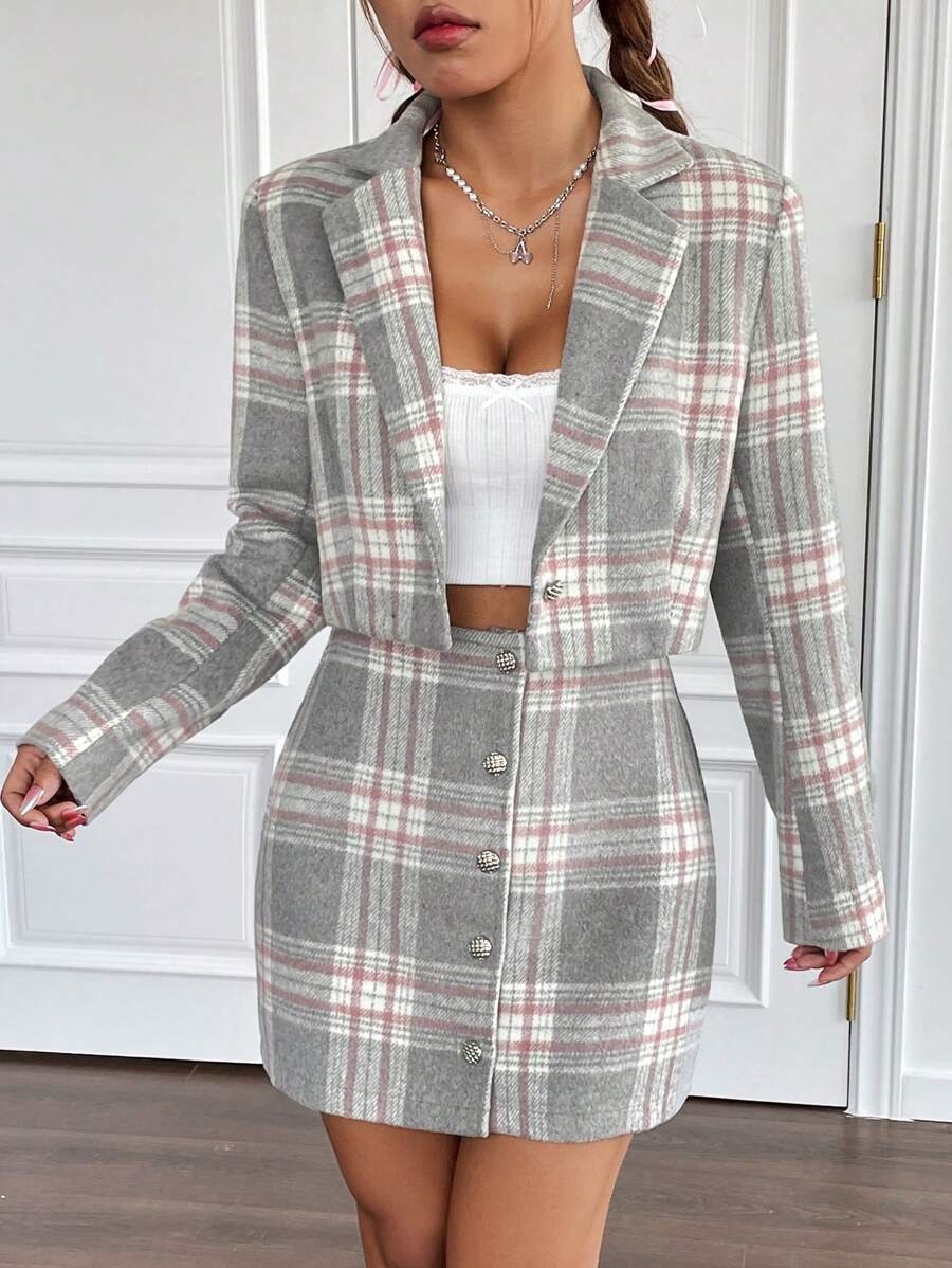 Muchica Plaid Print Lapel Neck Blazer & Skirt - Multicolor - View 1