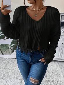 Flirla Plus Distressed Ribgebreide Trui, Voor De Winter