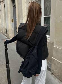 DAZY 字母图案按扣前背心加厚棉衣，女式冬季外套 - 黑色 - 查看 2