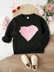 SHEIN 女小童愛心圖案加絨內裏運動衫 - 黑色 - 查看 1