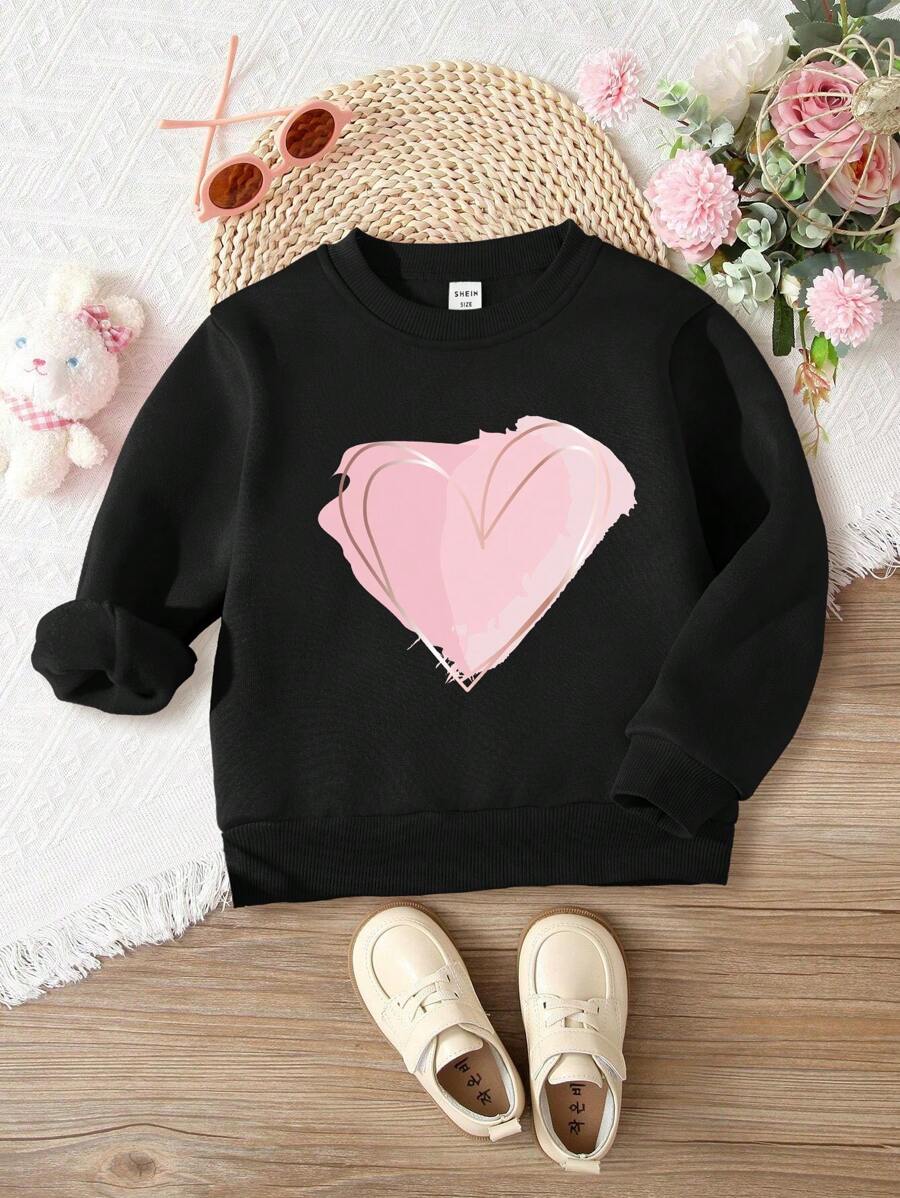 SHEIN 女小童愛心圖案加絨內裏運動衫 - 黑色 - 查看 1