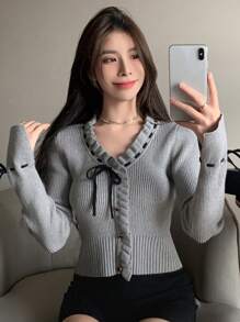 DAZY Solid Frill Trim Tie Front Crop Cardigan,Long Sleeve Tops,Fall Clothes