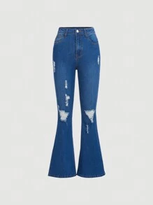 SHEIN Chica adolescente Jeans de pierna amplia desgarro - Azul lavado oscuro - Ver 1