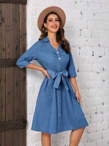 SHEIN LUNE Nút phía trước Thắt lưng Đầm Denim - Màu xanh lam - Xem 3