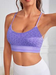 Leopard Print Crisscross Back Sports Bra - Purple - View 5