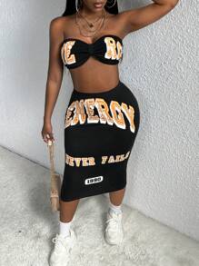 SHEIN SXY 大码女式字母图案褶皱抹胸和裙子，适合夏季、约会、购物、街头装、外出、度假、海滩，易于搭配 - 黑色 - 查看 6