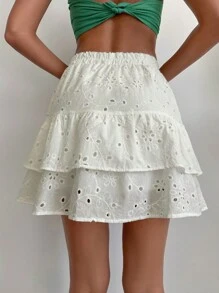 Cottnline Eyelet Embroidery Tassel Detail Layered Skirt - White - View 2