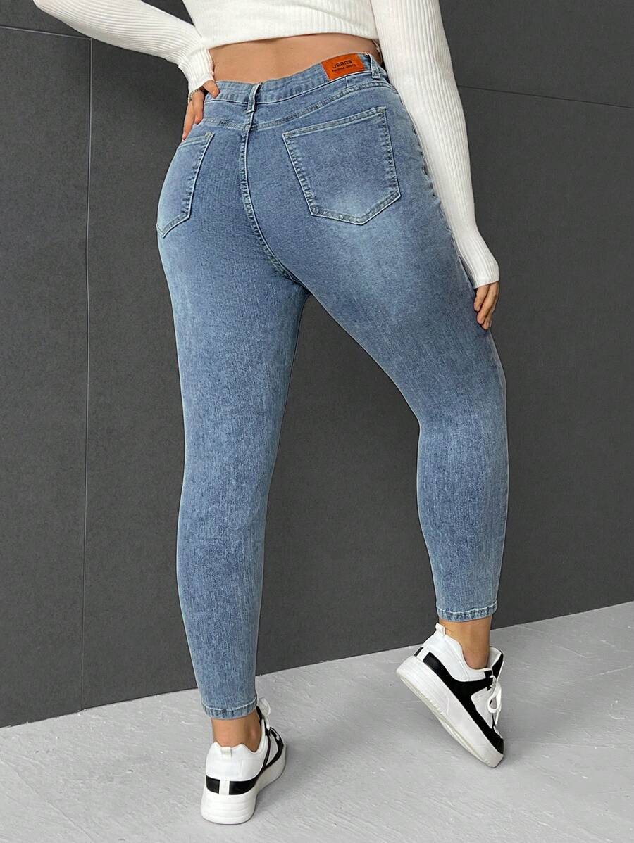 SHEIN EZwear Plus High Waist Skinny Jeans - Blue - View 1
