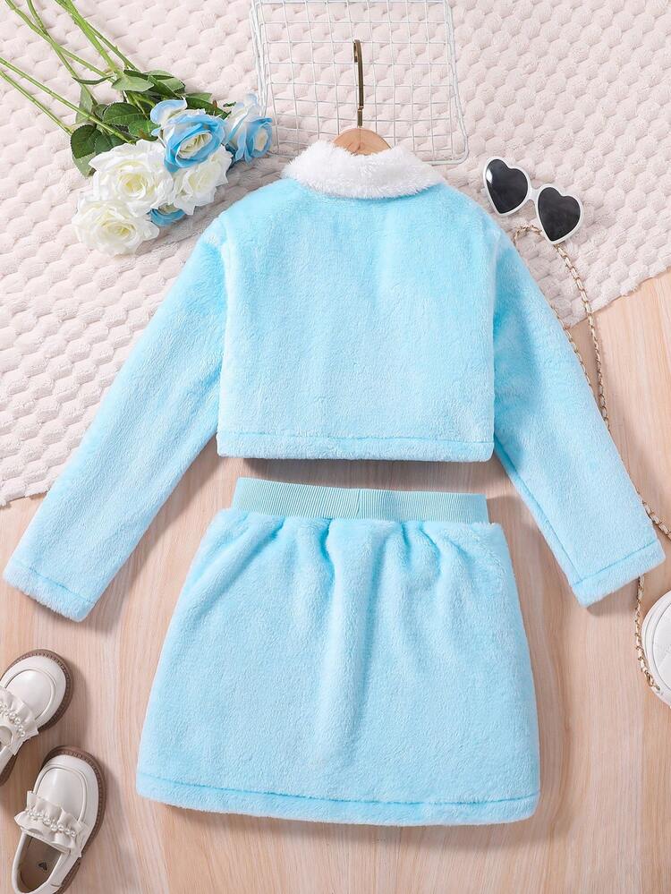 Tween Girl Contrast Collar Crop Flannel Jacket & Skirt