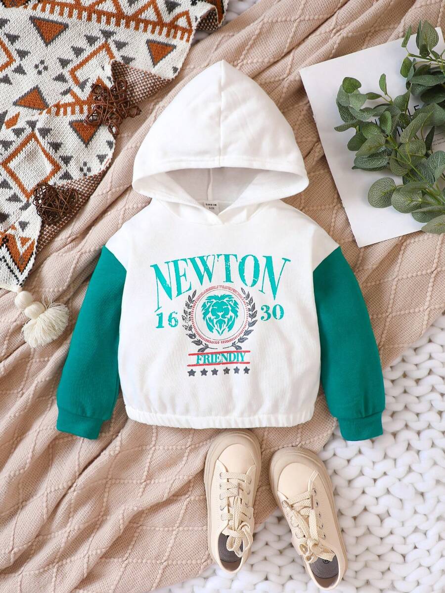 SHEIN Young Girl Letter Graphic Colorblock Hooded Sweatshirt - Multicolor - View 1