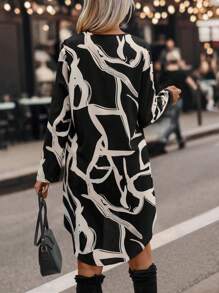 SHEIN LUNE Graphic Print Roll Tab Sleeve High Low Hem Dress Fall Cloth For Women - Black - View 2