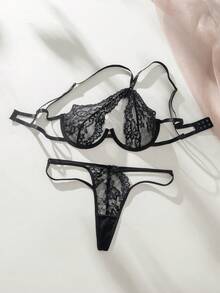 SHEIN 花卉蕾丝钢圈内衣套装 内衣套装>黑色黑色内衣套装性感内衣套装>性感套装女士性感内衣套装内衣套装聚拢 - 黑色 - 查看 3
