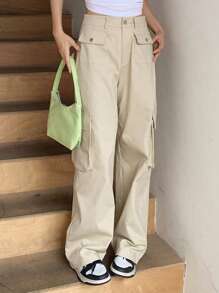 DAZY Solid Flap Pocket Side Cargo Pants - Beige - View 1