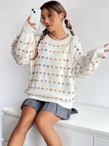 SHEIN EZwear 滿版刺繡圖案落肩袖套頭毛衣 - 米色 - 查看 6