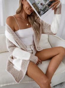 SHEIN LUNE Two Tone Drop Shoulder Cardigan,Long Sleeve Tops Fall Winter Cloth For Women - Coffee Brown - View 1