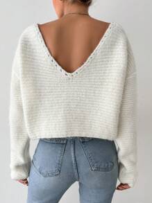 EURMUSE Solid Drop Shoulder V Neck Sweater - White - View 2