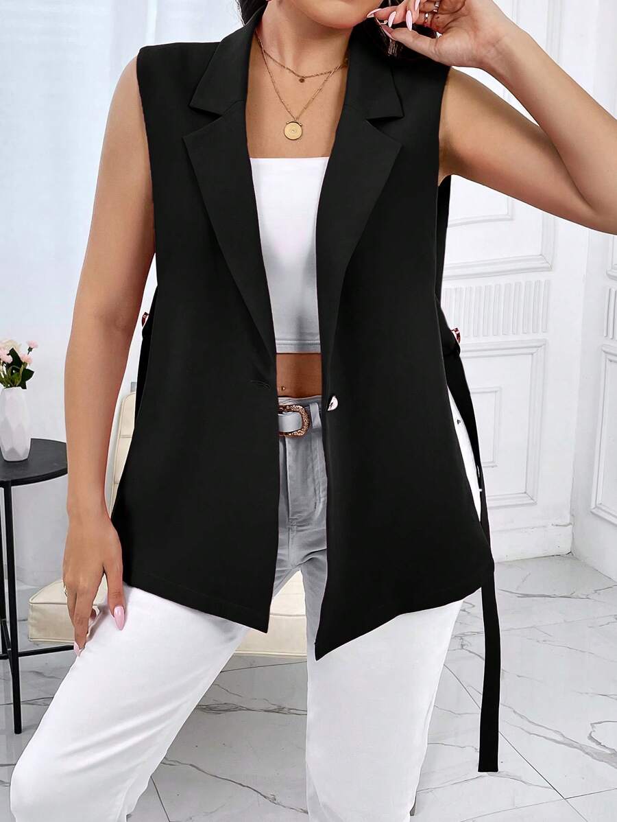 SHEIN Essnce Plus Lapel Neck Single Button Vest Blazer - Black - View 1