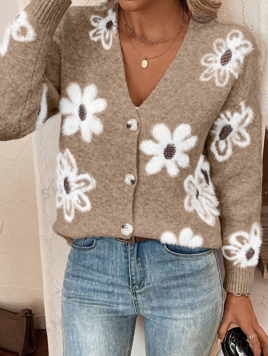Chiquease Cárdigan con botones y patrón floral, Tops de manga larga