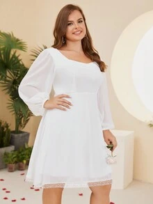 大碼雞心領口蕾絲邊燈籠袖雪紡連衣裙 - 白色 - 查看 6