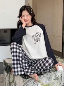 DAZY 拼接插肩袖字母圖案T恤&雙色格子長褲休閒服套裝 - 藏蓝色 - 查看 3