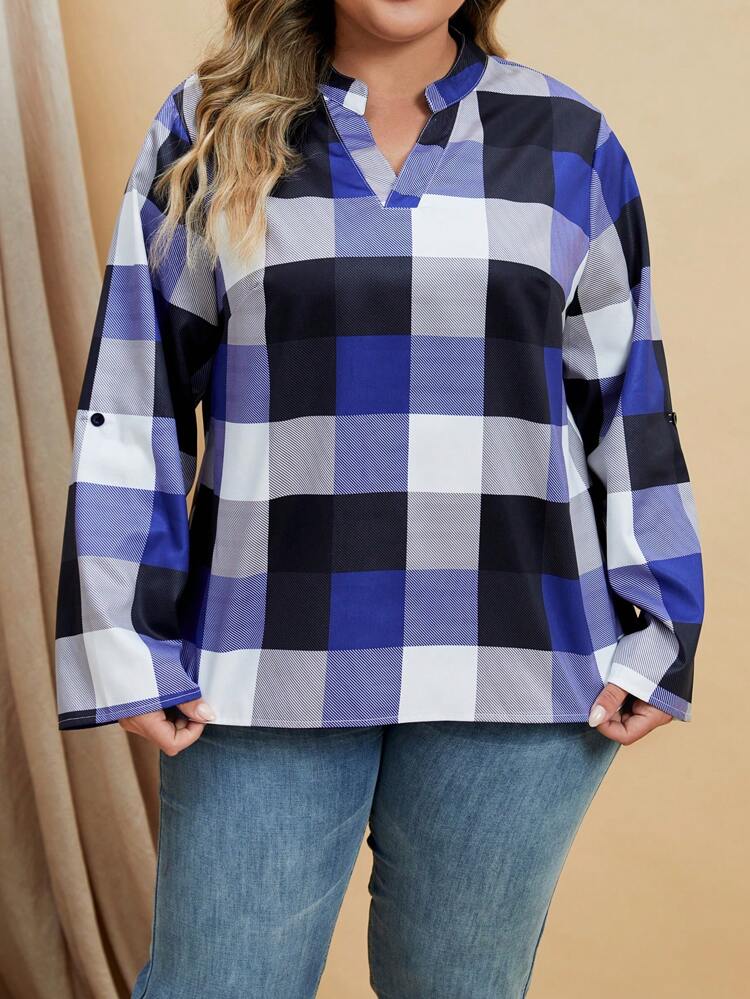 Plus Plaid Print Notched Neckline Blouse