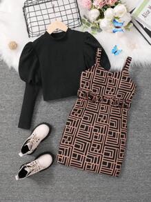 Tween Girl Geo Print Cami Dress & Gigot Sleeve Tee