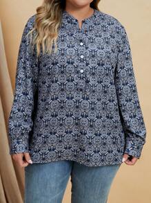 EMERY ROSE 大碼滿版印花半排扣襯衫 - 深灰色 - 查看 3