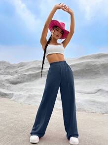 SHEIN EZwear 女士纯色优雅阔腿裤 - 藏蓝色 - 查看 6