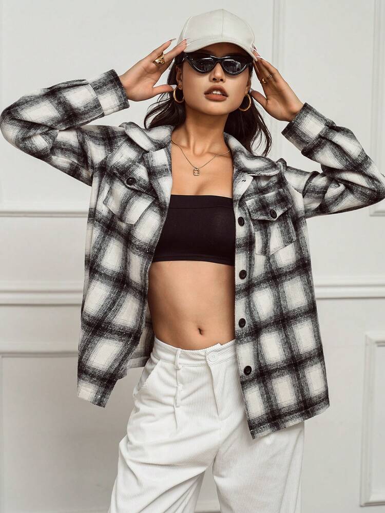 Plaid Print Flap Pocket Overcoat