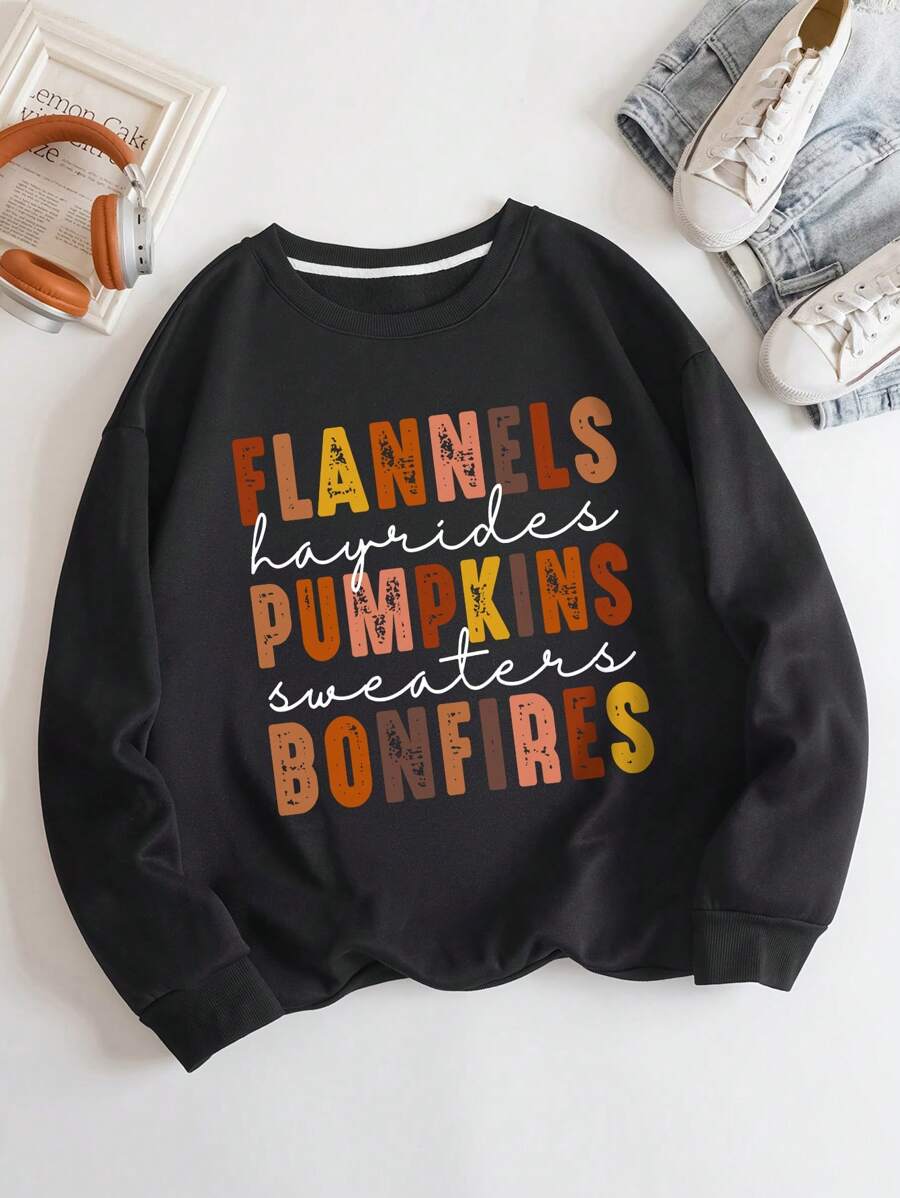 INAWLY Plus Slogan Graphic Thermal Lined Sweatshirt Pullover Fall Sweatshirt - Black - View 1