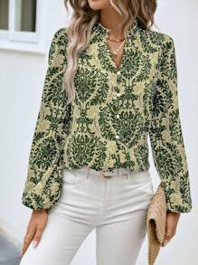 SHEIN VCAY Allover Print Lantern Sleeve Blouse - Green - View 1