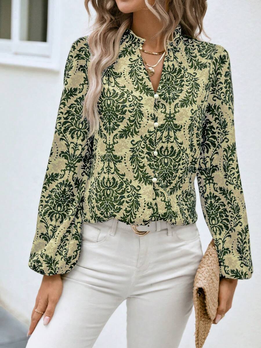 SHEIN VCAY Allover Print Lantern Sleeve Blouse - Green - View 1