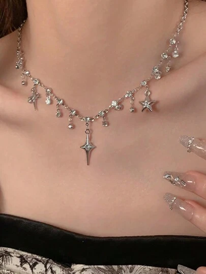 ROMWE Goth 1pc Fashion Iron Alloy Rhinestone & Star Charm Necklace For Women For Daily Decoration